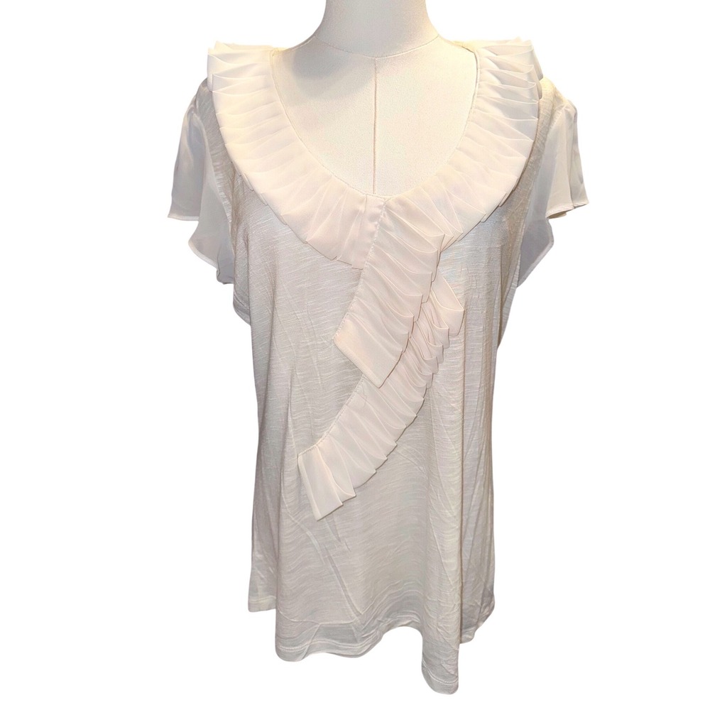Madison Atlas Ivory Ruffle Neck Flutter‎ Sleeve Top Womens Large NEW